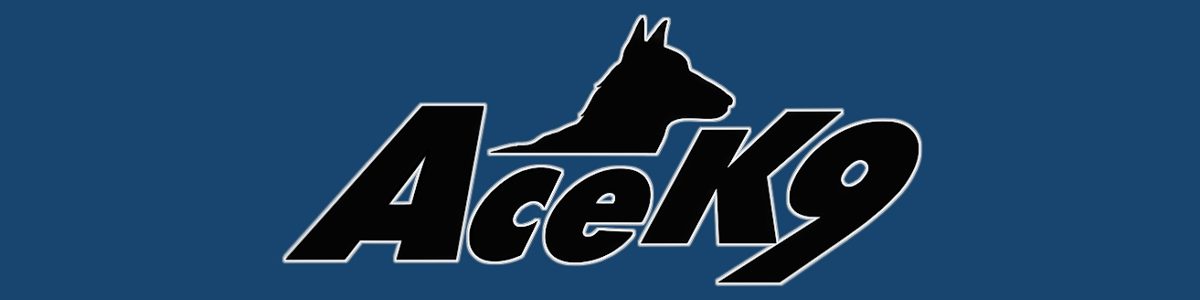 Black silhouette of a dog's head integrated into bold lettering on a blue background.