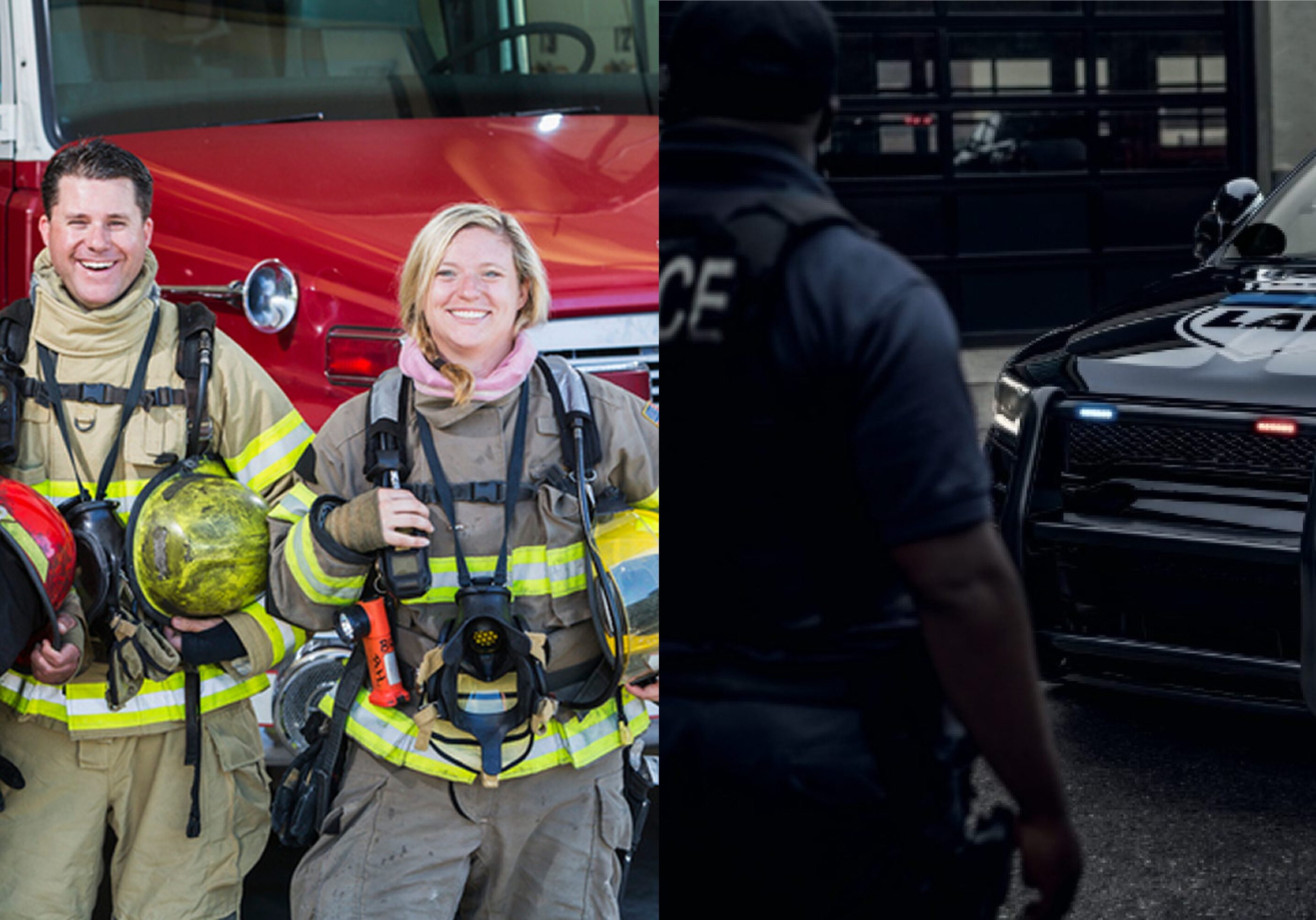 Firefighters and police officer on duty.